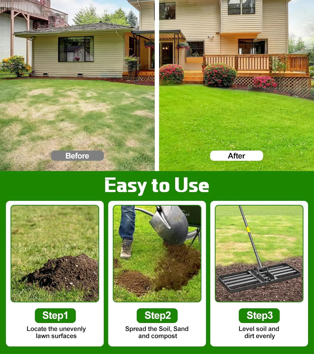 Lawn Leveling Rake with Adjustable Handle 6.2FT Long Rakes for Backyard Garden Golf Course Farm Pasture