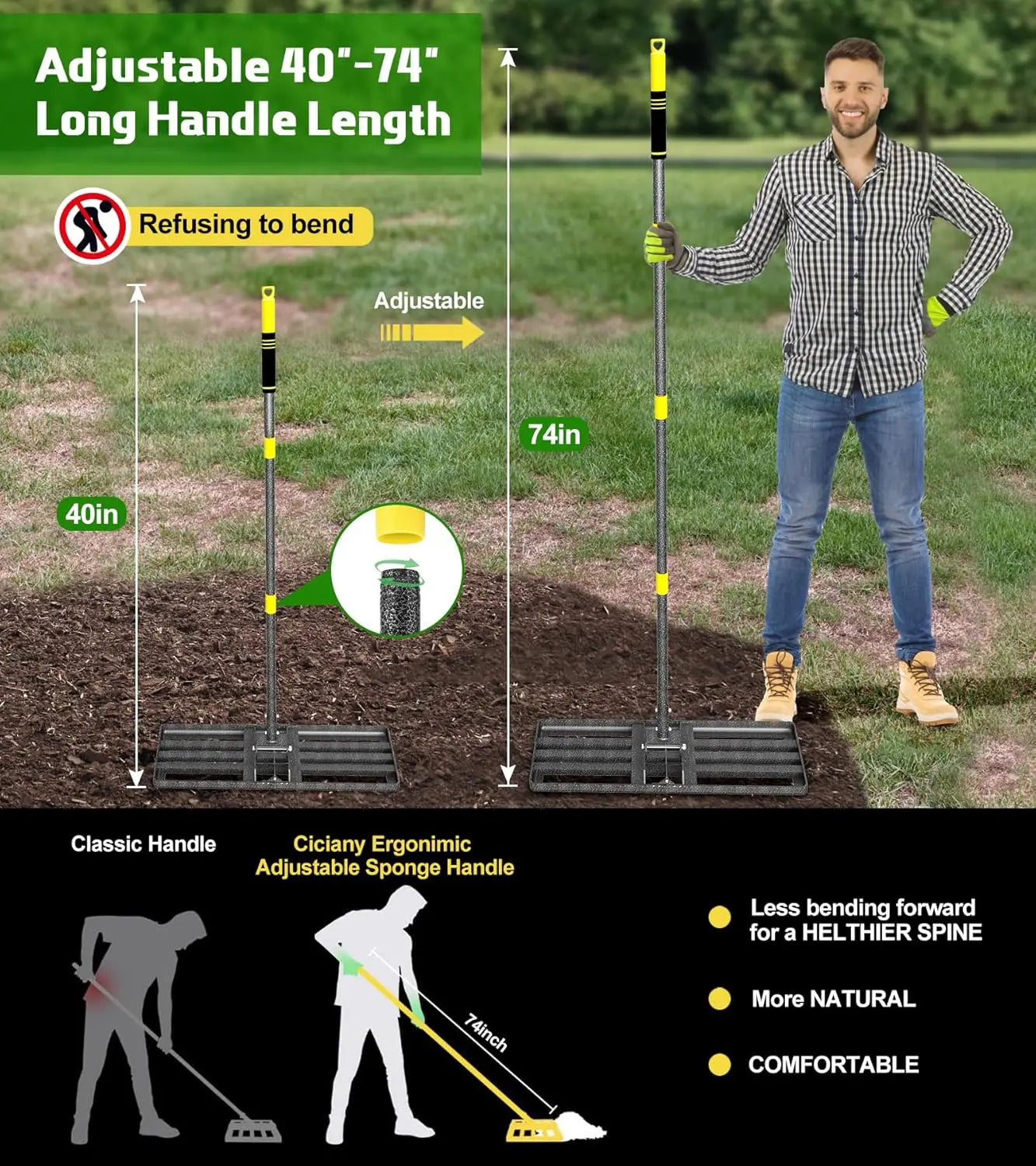 Lawn Leveling Rake with Adjustable Handle 6.2FT Long Rakes for Backyard Garden Golf Course Farm Pasture