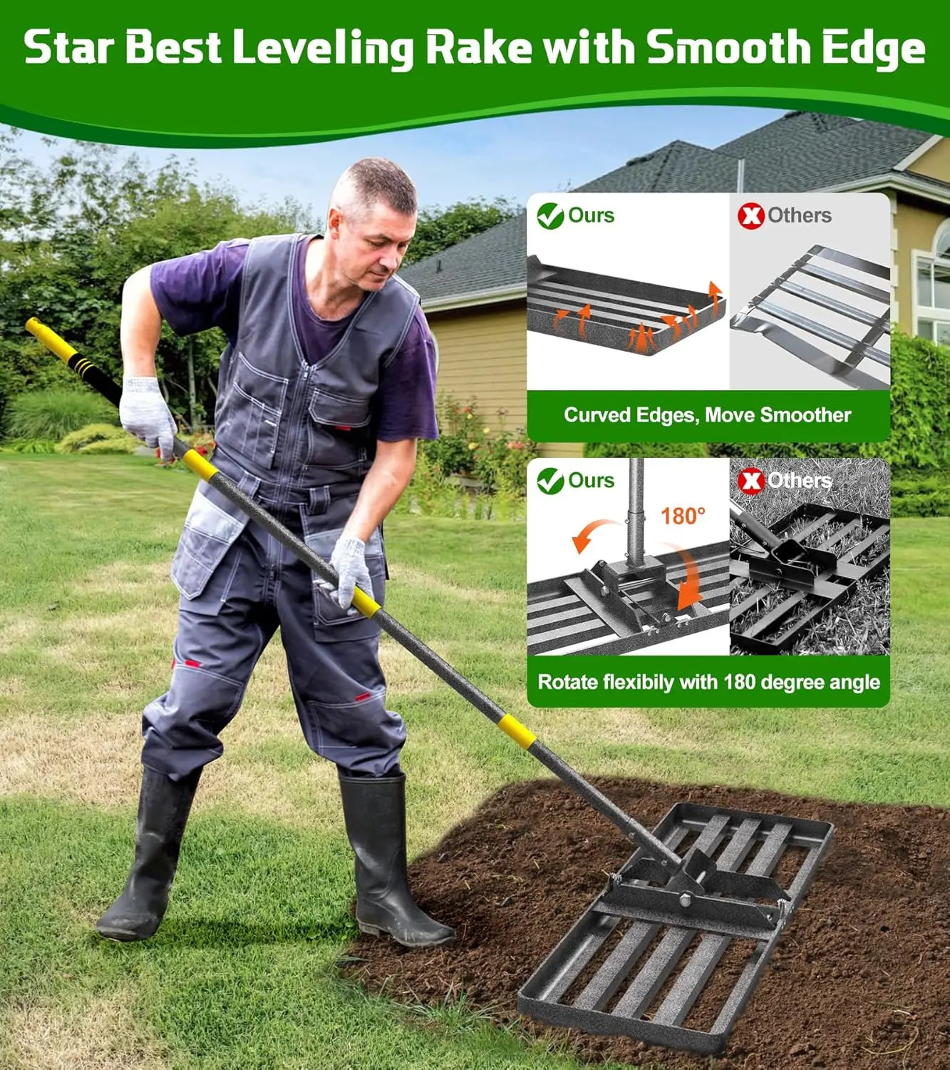 Lawn Leveling Rake with Adjustable Handle 6.2FT Long Rakes for Backyard Garden Golf Course Farm Pasture